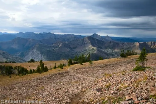 Looking back down the Avalanche Peak Trail toward Top Notch Peak (behind Top Notch is Mt. Doane and Mt. Stevenson), Yellowstone National Park, Wyoming