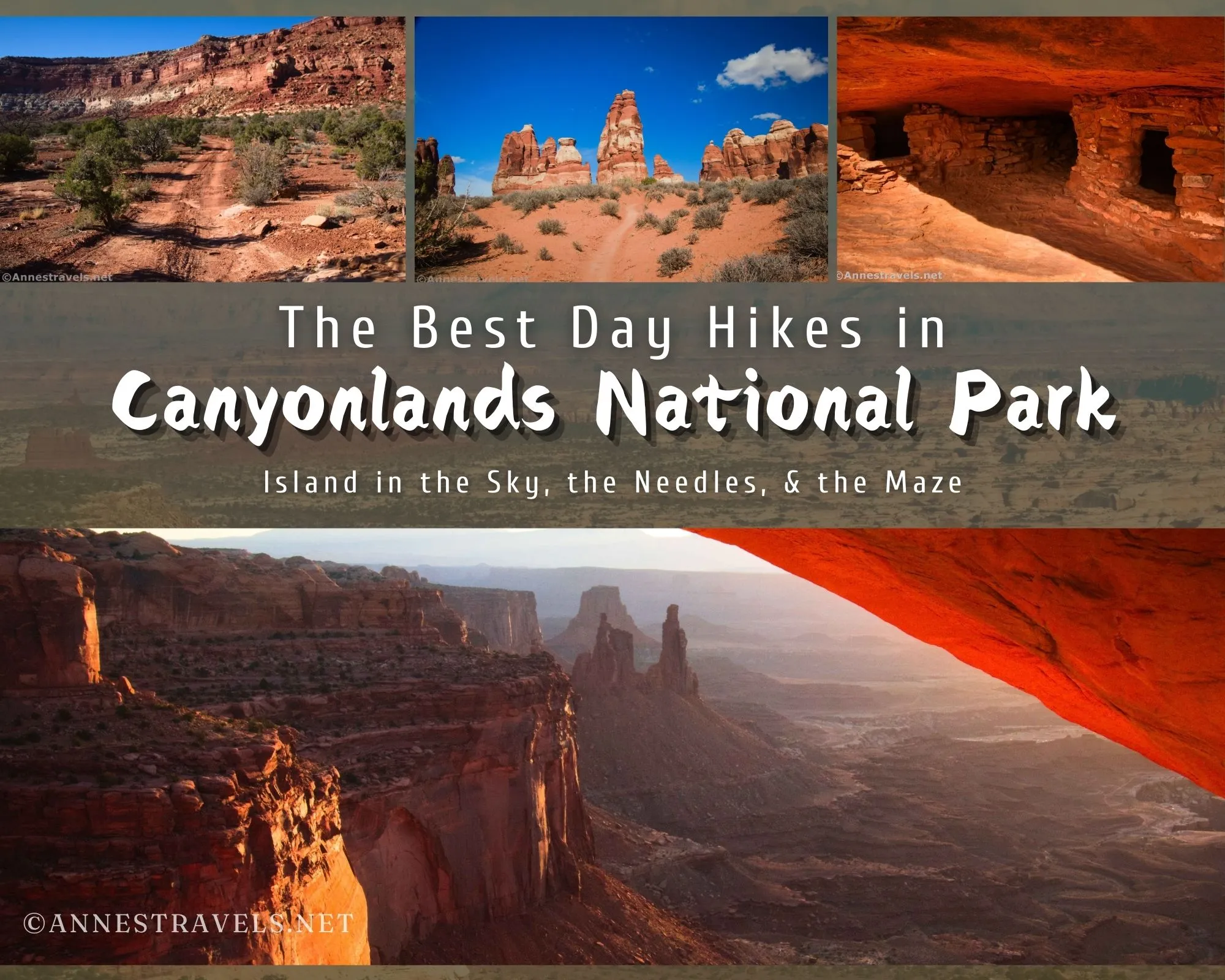 The Best Day Hikes in Canyonlands National Park.  Clockwise from upper left: Dollhouse Road, Chesler Park West Trail, granaries on Aztec Butte, and views through Mesa Arch