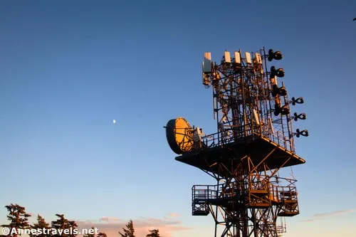 A communications tower and the moon along the PCT near Timberline Lodge, Mount Hood National Forest, Washington