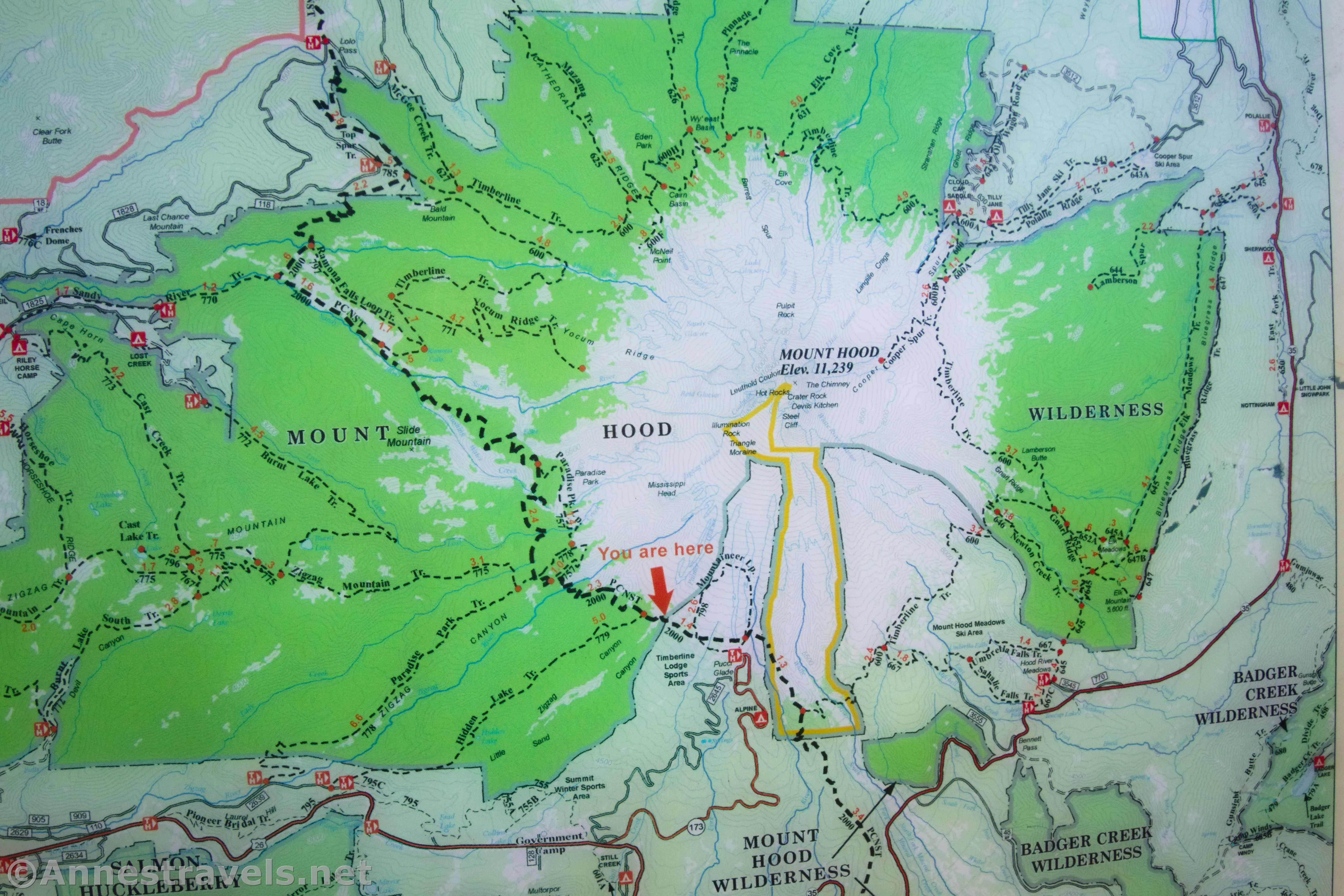 Official map on the wilderness sign kiosk along the PCT en route to Paradise Park, Mount Hood National Forest, Washington