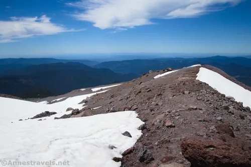 Looking back from the edge of the snow on the ridge above Paradise Park, Mount Hood National Forest, Washington