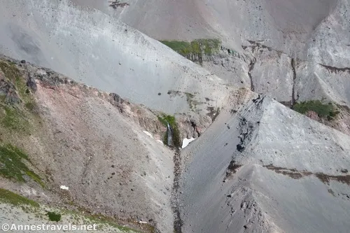 Closeup of a waterfall and cliff walls in Zigzag Canyon above Paradise Park, Mount Hood National Forest, Washington