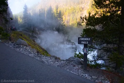 The sign marking the Firehole Falls "viewpoint" along the Firehole Canyon Drive, Yellowstone National Park, Wyoming