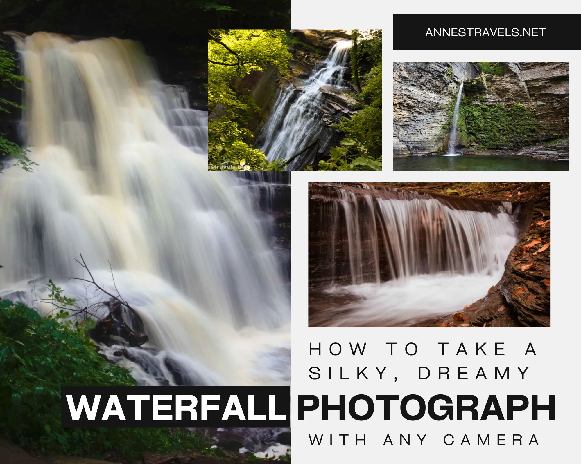 Clockwise L-R: Erie Falls in Ricketts Glen State Park, Pennsylvania; Brandywine Falls in Cuyahoga Valley National Park, Ohio; Eagle Cliff Falls in Havana Glen, New York; Middle Deckertown Falls, New York