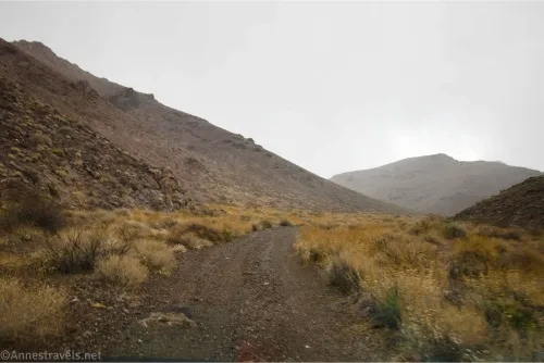 Driving up the Echo Canyon Road into the impending storm, Death Valley National Park, California