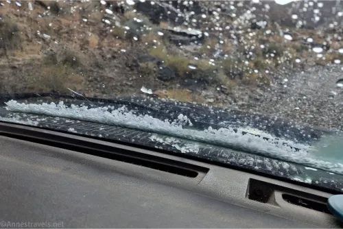 Hail/snow on the windshield of the van, Death Valley National Park, California