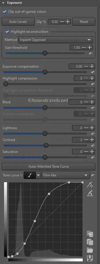 Exposure tab in RawTherapee