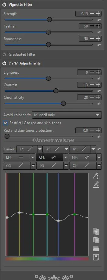Vignette tab and L*a*b Adjustments tab in RawTherapee