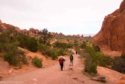 Hiking toward Landscape Arch in Devils Garden, Arches National Park, Utah