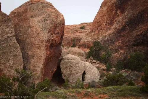 Coke Oven Arch (in the white boulder - this photo is zoomed in) near Landscape Arch in Devils Garden, Arches National Park, Utah