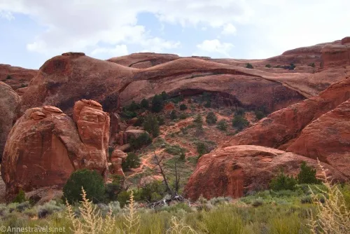 This picture from the Primitive Loop (on our way back) shows the old trail under Landscape Arch (this trail has been closed for many years) in Devils Garden, Arches National Park, Utah