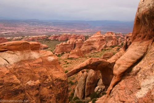 Peeking down toward Landscape Arch in Devils Garden, Arches National Park, Utah