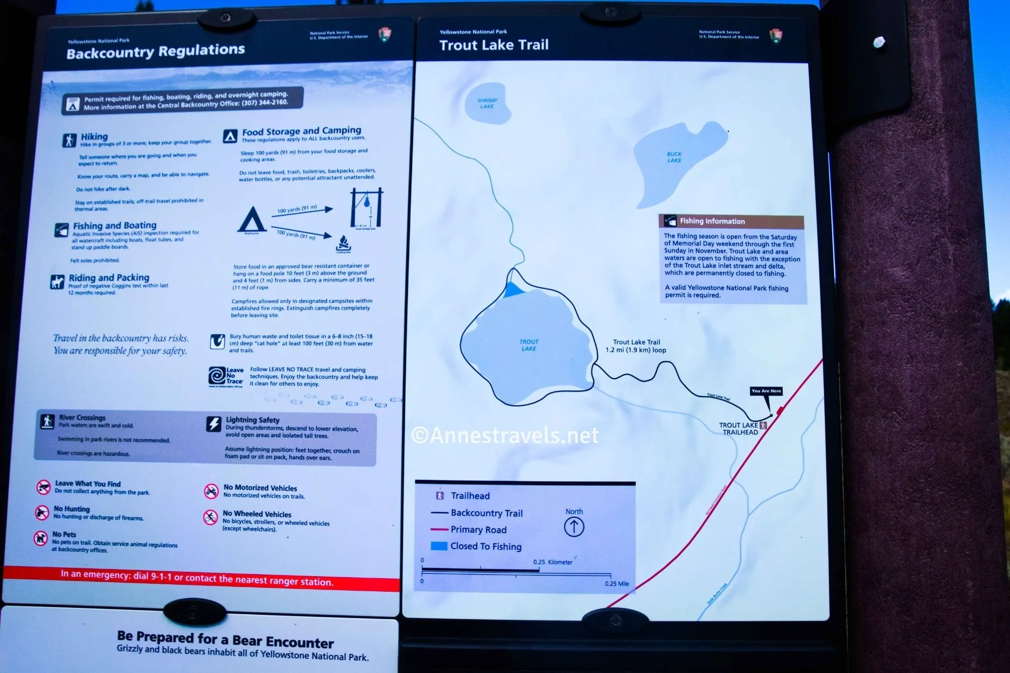 Trout Lake Trail Map on the trailhead sign, Yellowstone National Park, Wyoming