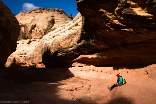One of my group members does not like heights... not because she doesn't like heights, but because she doesn't like any of us being near heights! She stayed well back from the dryfall in Cove Canyon, Maze District of Canyonlands National Park, Utah