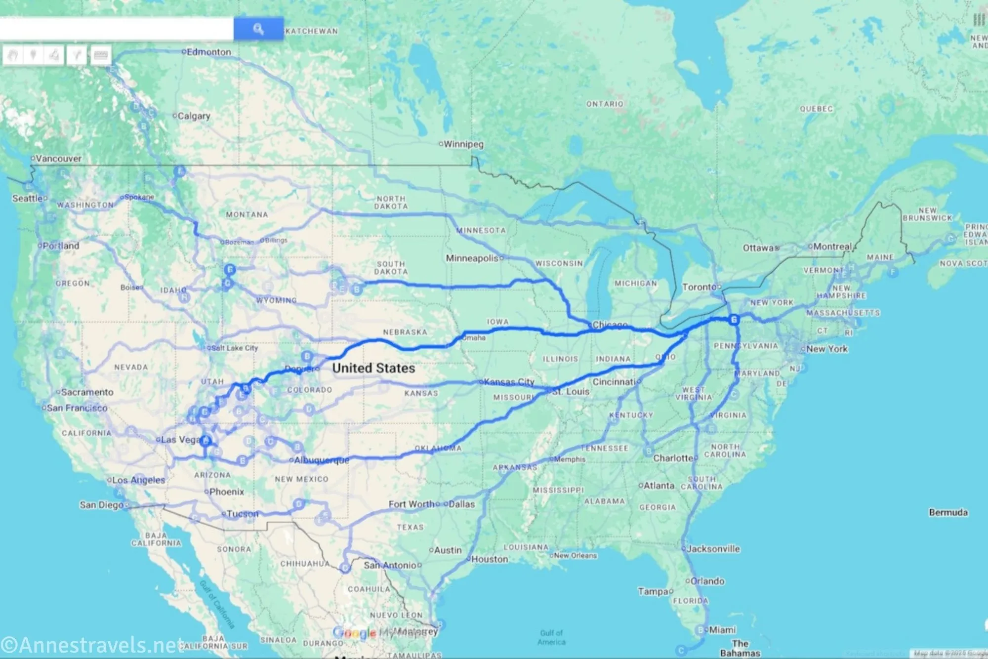 A (not very great) map of all of our adventure travels in the last 30 years!