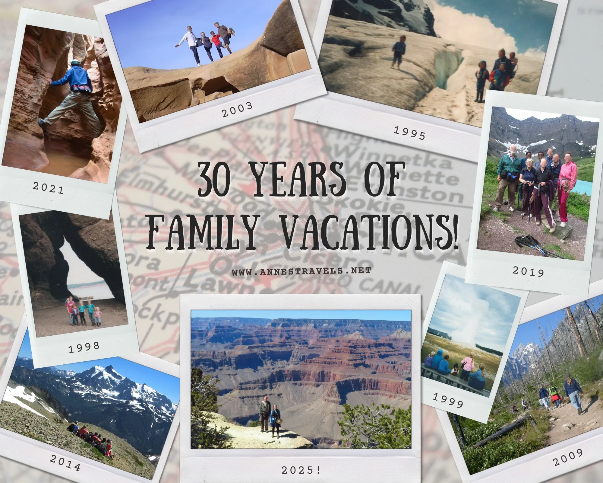 30 years of family vacations! Clockwise from 2003: Angel's Garden, Grand Staircase-Esalante National Monument, Utah; Athabasca Glacier in the Columbia Ice Fields, Alberta, Canada; Cracker Lake in Glacier National Park, Montana; Jenny Lake Trail through a burned-out forest, Grand Teton National Park, Wyoming; watching Old Faithful erupt in Yellowstone National Park, Wyoming; Grand Canyon near Hopi Point, Grand Canyon National Park, Arizona; Ptarmigan Ridge overlooking Mt. Shuksan, Mount Baker-Snoqualmie National Forest, Washington; Hopewell Rocks in New Brunswick, Canada; Little Wildhorse Canyon, San Rafael Swell, Utah