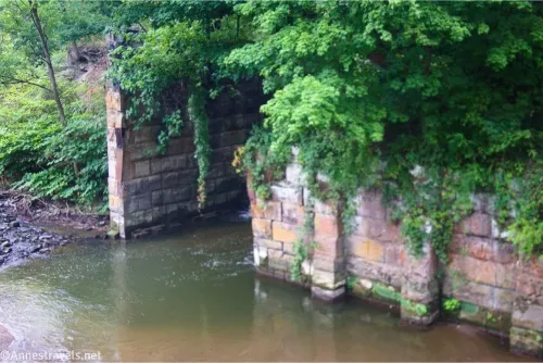 Green trees and vines cover huge bricks built into the bank of a river 