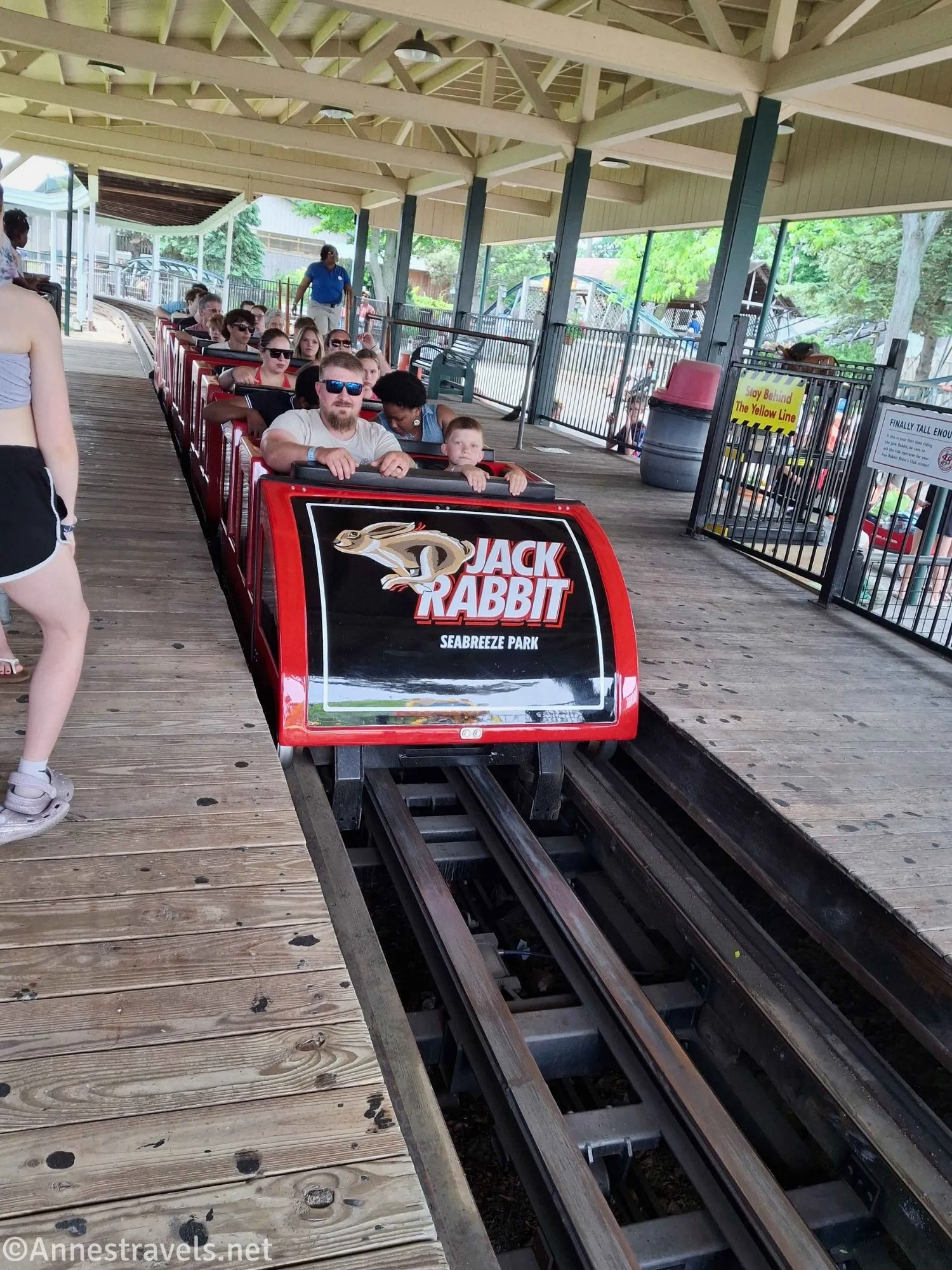 The Jack Rabbit cars on the loading platform at SeaBreeze Amusement Park, New York