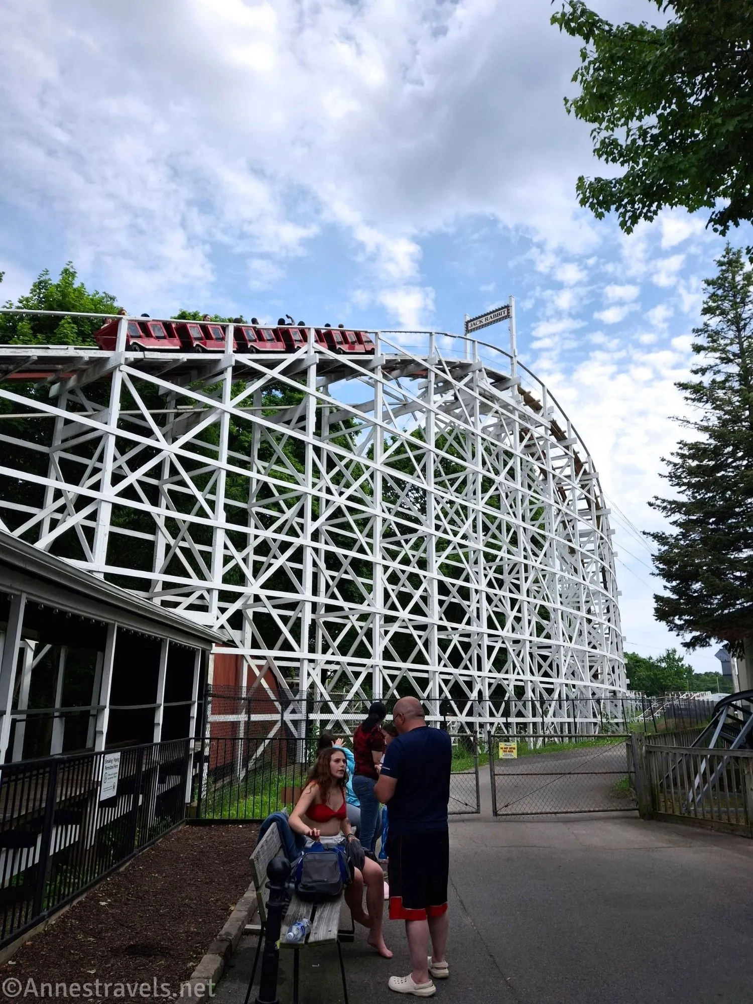 The cars rise up the first hill on the Jack Rabbit Rollercoaster, SeaBreeze Amusement Park, New York