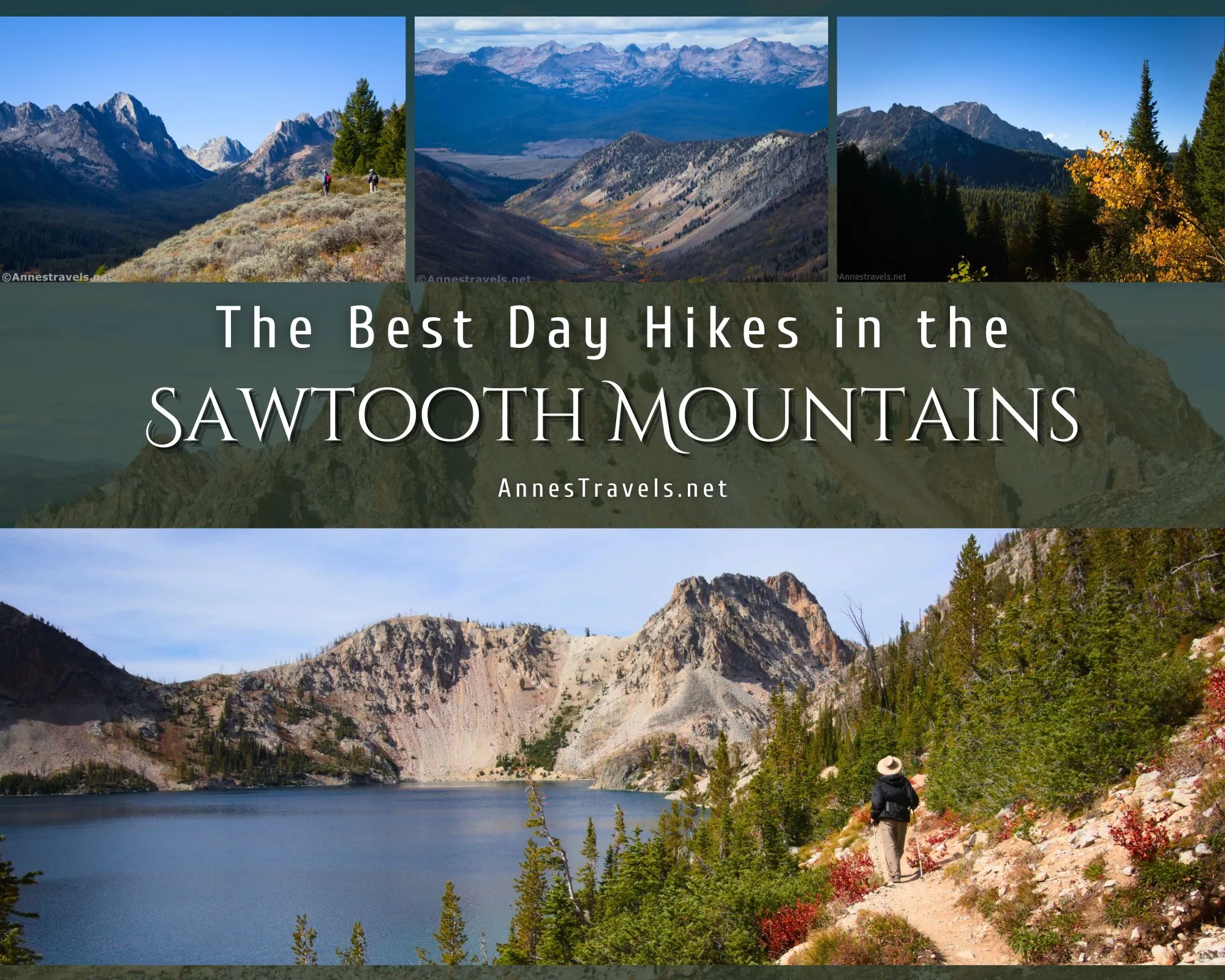 A photo collage containing pictures of alpine lakes, mountains, and fall foliage