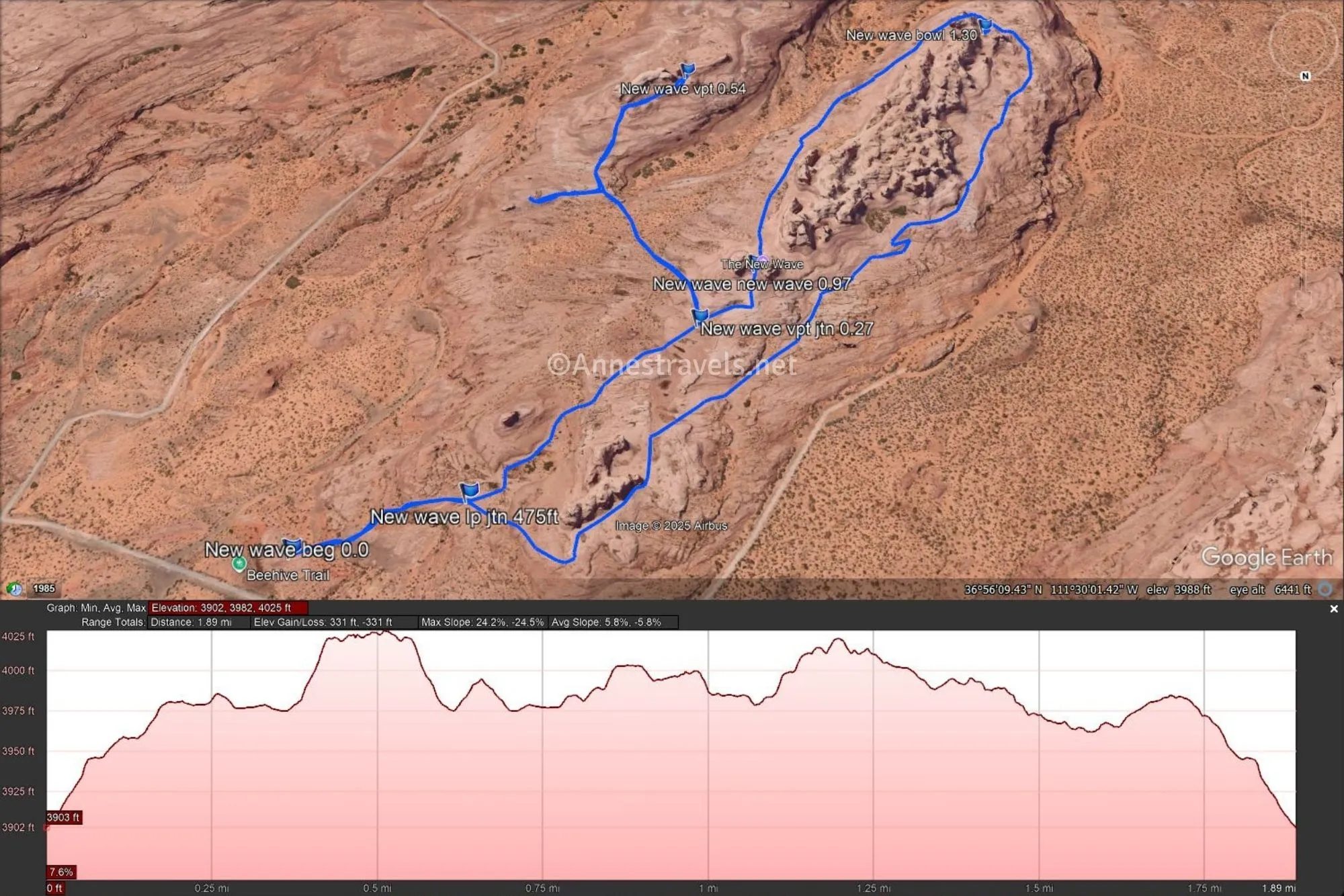 Satalight view with a blue line indicating the Beehive Trail along with an elevation profile