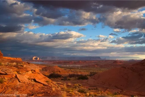 Clouds gather over the red desert and blue of Lake Powell