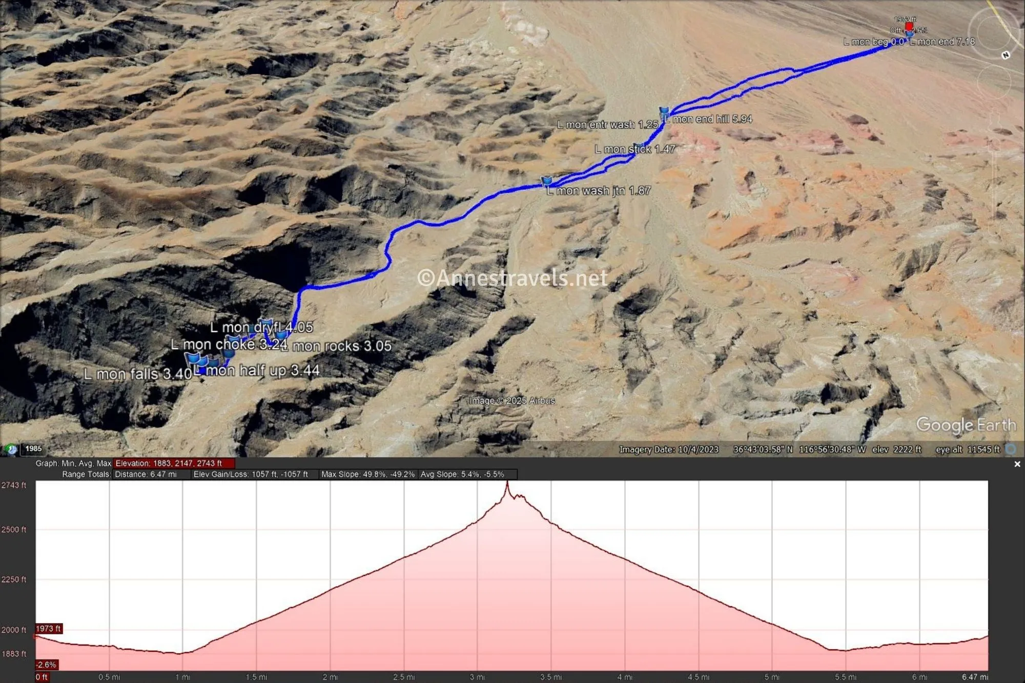An aerial view map with a blue line showing the hike up Monarch Canyon and the hike's elevation profile 