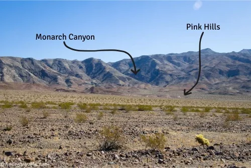 Dry mountains rise out of a desert plain dotted with greasebushes.  Arrows point to Monarch Canyon and the Pink Hills.