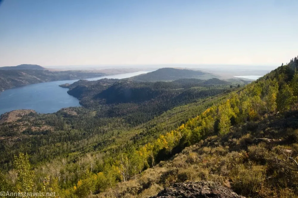 A hillside covered with yellow and green aspens with two lakes and hills in the distance 