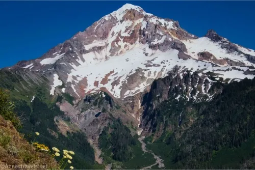 Rocky and snowy face of Mount Hood