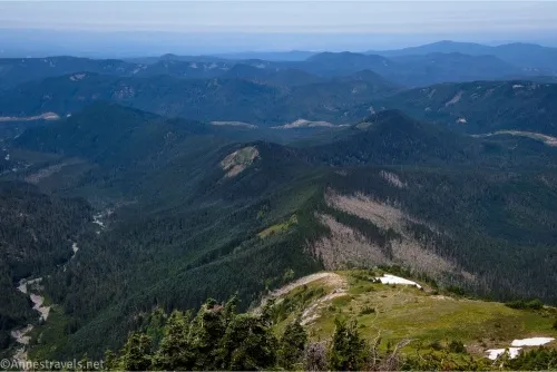 Green meadows fall away to darker green forests and other valleys and mountains 