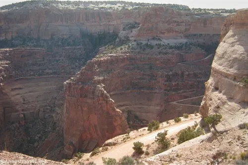 Cliffs of a desert canyon with glimpses of the Shafer Trail Road