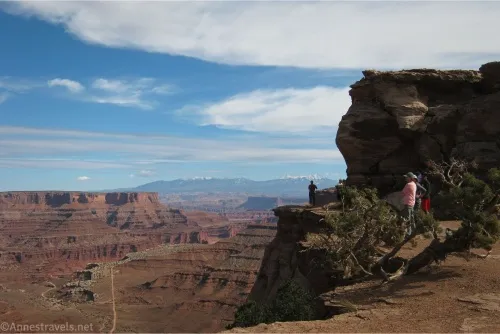 People stand on top of a cliff looking down into a desert canyon with a road running through it