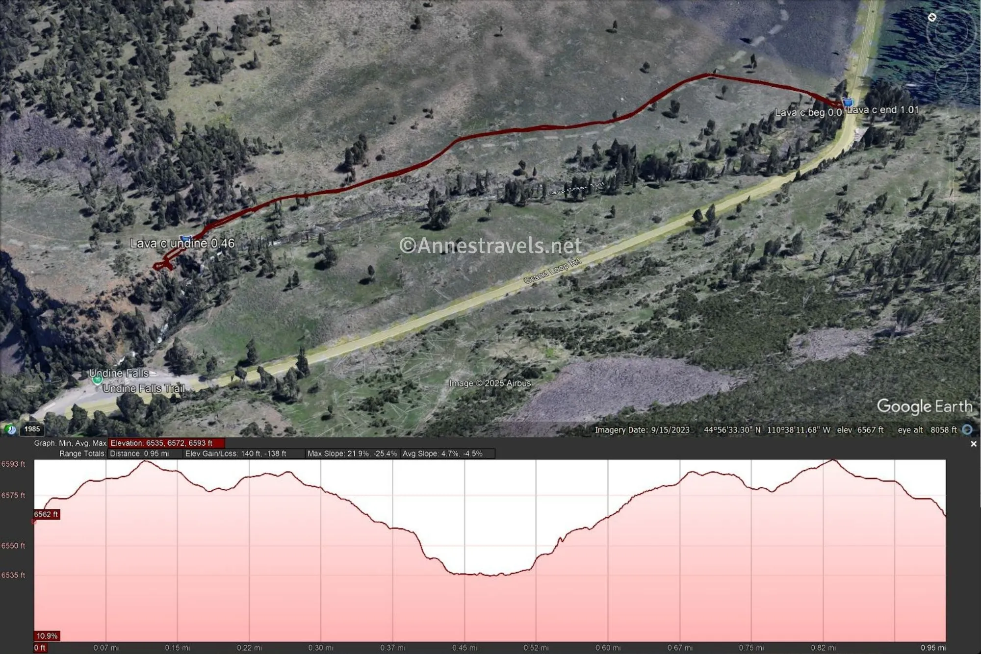 A screenshot of a satellite imagery map of the Lava Creek Trail from Lava Creek Picnic Area to Undine Falls along with the route's elevation profile