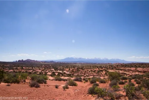 Hazy mountains rise out of a brushy desert plain
