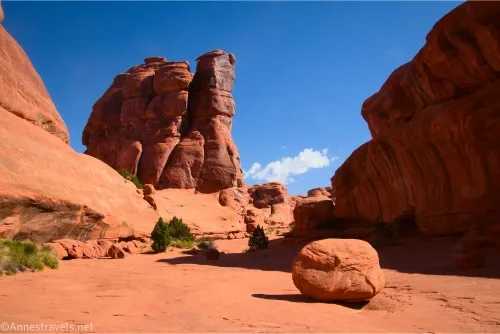 Rock formations rise from a slickrock canyon with one large, round rock in the foreground