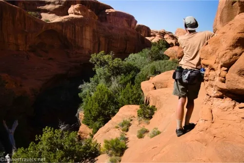 A hiker stands on the edge of a slickrock cliff with trees below him in the canyon