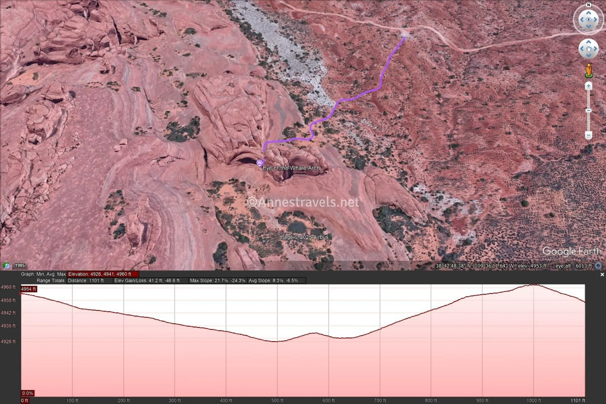 Aerial map with a purple line marking my hike to Eye of the Whale Arch and a pink elevation profile