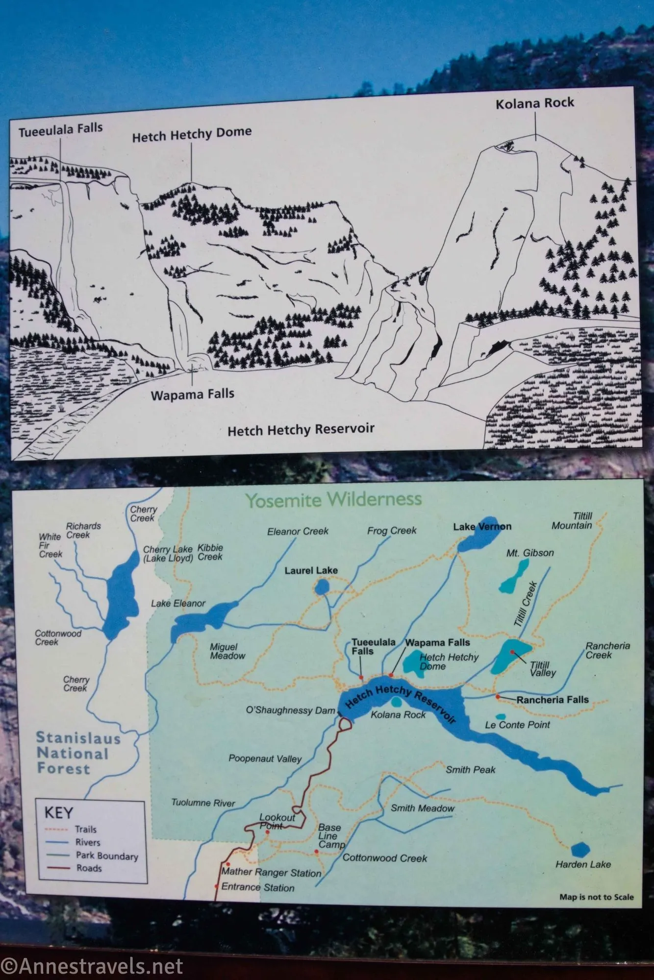 Map of the trails in the Hetch Hetchy area as well as identifying features