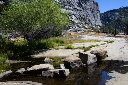 Stepping stones cross a puddle of water with a green bush and cliffs in the background