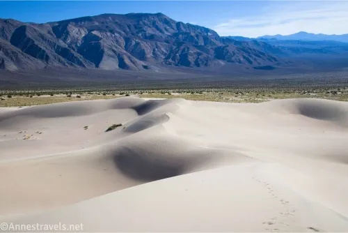 Sand dunes give way to a desert plain and tall, rocky mountains 