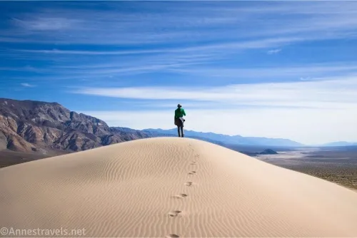A hiker walks to the top of a sand dune with the desert and mountains beyond