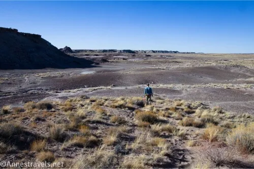 A hiker walks down toward a dirt desert plain with hills on the left