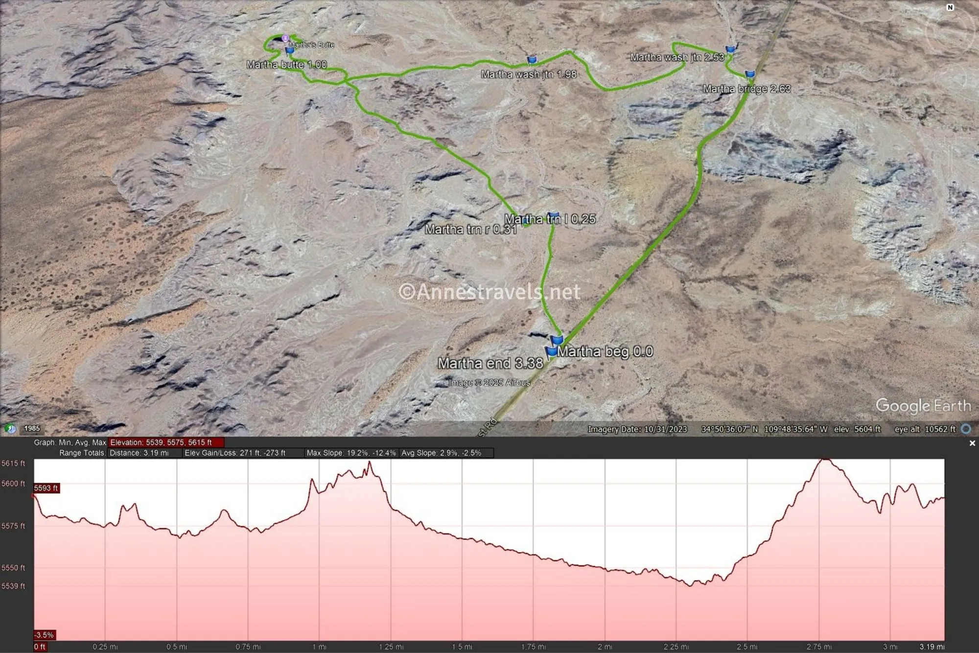 An areal map with a green line showing my route to Martha's Butte and a pink elevation profile 