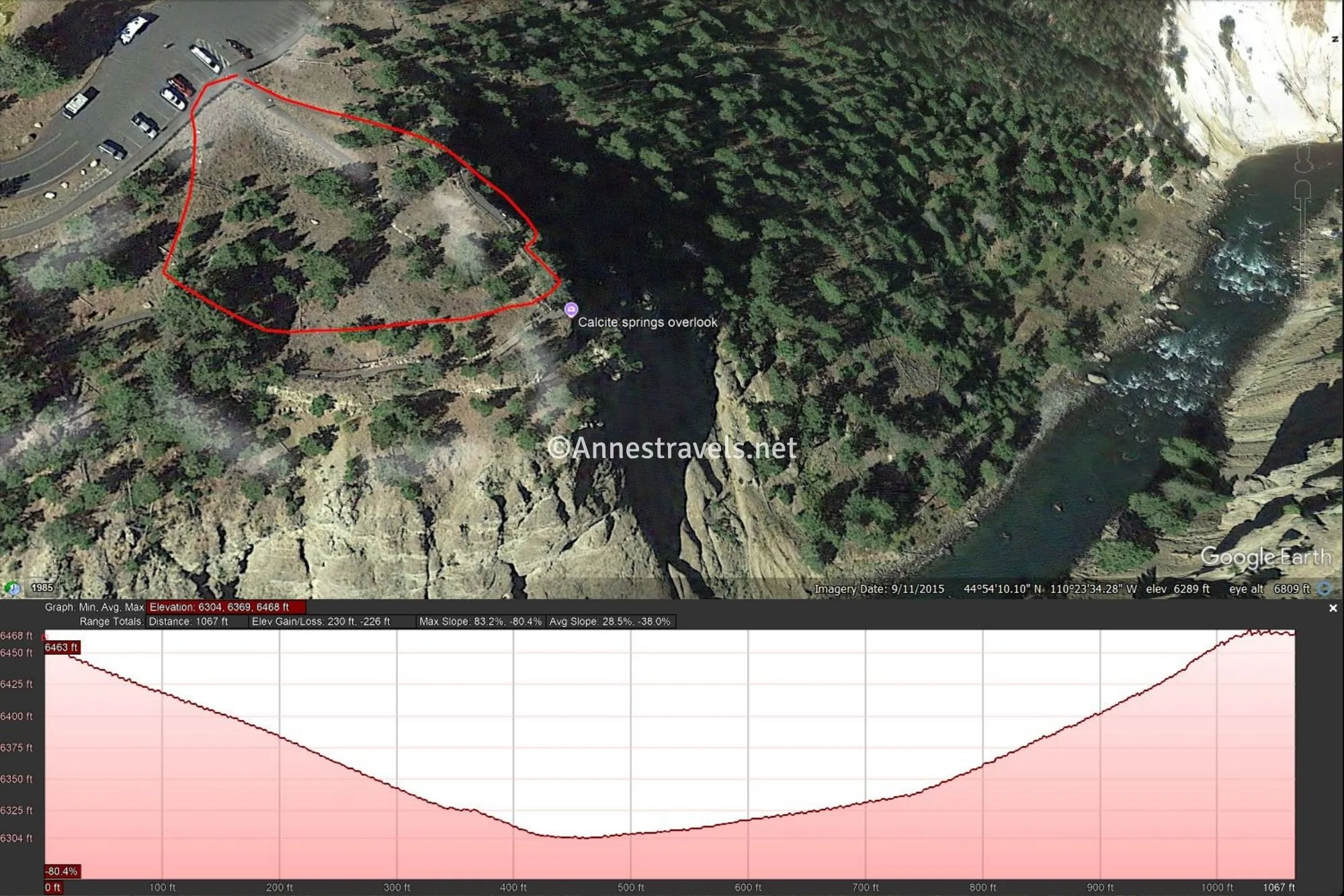 Aerial map with a red line marking the Calcite Springs Overlook Trail and a pink elevation profile