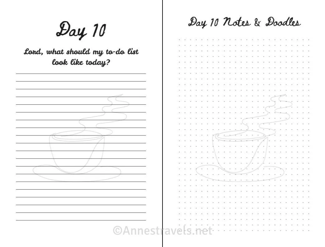 Day 10 journal page with lines and a bullet journal with an illustration of a coffee cup