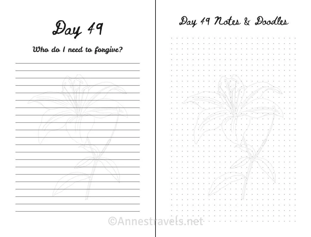 Day 49 journal page with lines and a bullet journal with an illustration of a daffodil