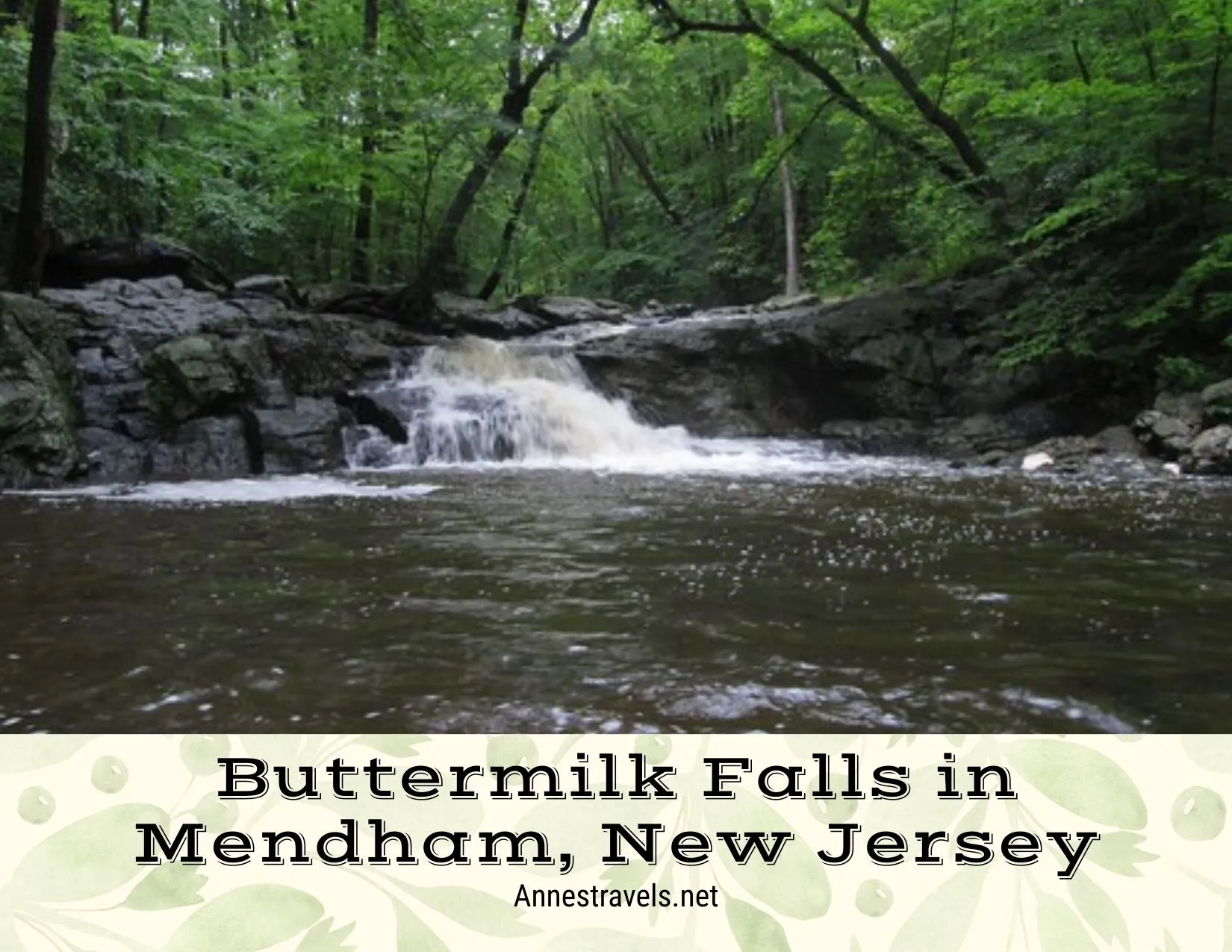 A small waterfall flowing into a large pool and surrounded by green trees 