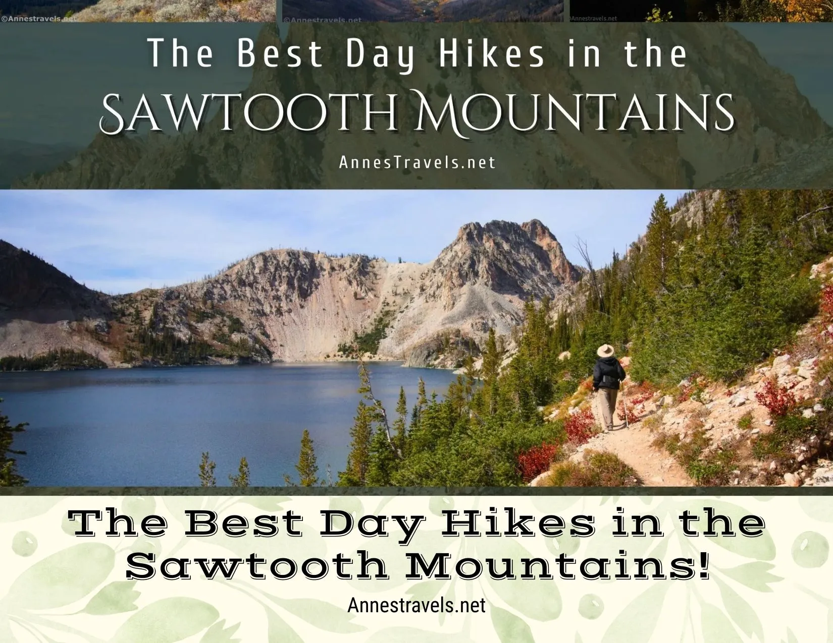 A hiker on a trail on a mountainside above a lake with trees and red bushes and distant rugged mountains 