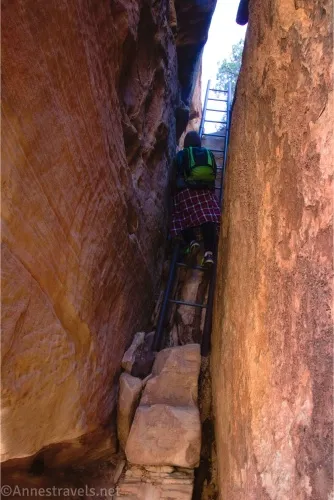 A hiker with a plaid skirt and green backpack descends a long ladder between two rocks